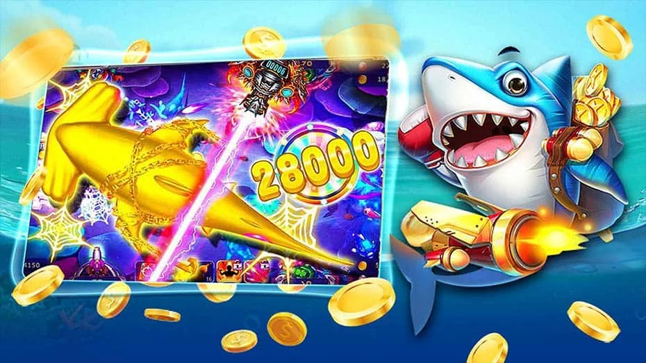 Adegan arcade tembak ikan dengan meriam dan ikan berwarna