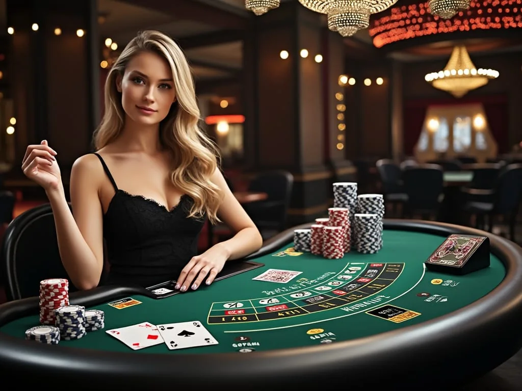 Tampilan ruang meja live untuk permainan kartu dan roda